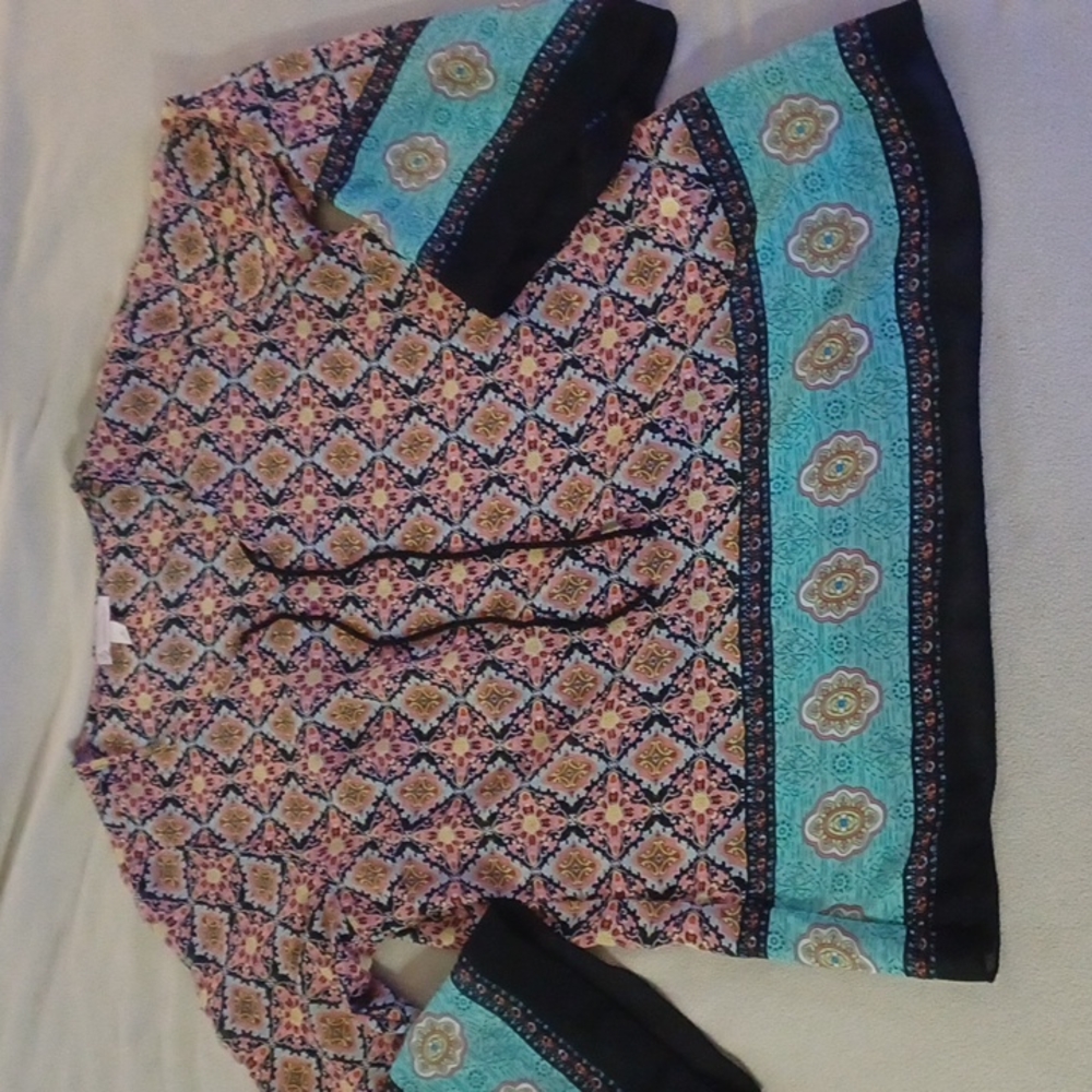 Dressbarn Blouse Women Size M Long Sleeve Flared Multi Color Sheer Top Pink Blue